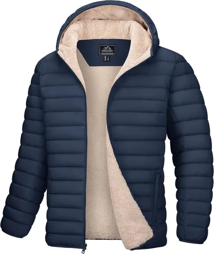 Vista 17 de MAGCOMSEN Chaqueta acolchada para hombre con capucha, forro de vellón, chaqueta térmica resistente al agua, chaqueta de plumón con cremallera