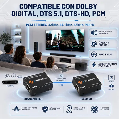 Vista 8 de J-Tech Digital Convertidor extensor de audio digital para audio óptico/coaxial a través de un solo cable Cat5e/6 (PoC) hasta 990' (984.3 ft)