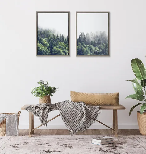 Vista 3 de Kate and Laurel Sylvie Lush Green Forest on a Foggy Day - Juego de arte de pared en lienzo enmarcado a la izquierda y a la derecha por The Creative