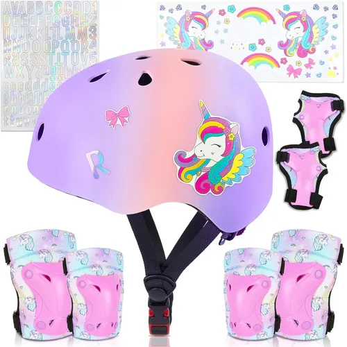 Vista 9 de Casco para niños, casco de bicicleta para niños pequeños con pegatinas DIY Unicornio, rodilleras y coderas ajustables, juego de protección para Rosa