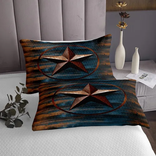 Vista 4 de Colcha acolchada rústica de Texas con estrellas del oeste de Texas para niños y niñas, color azul marino, juego de cubrecama de madera