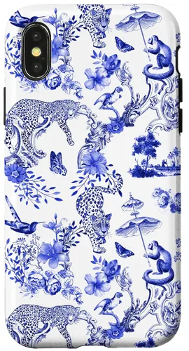 Vista 5 de French Blue Toile Chinoiserie with Flowers, Monkey, Leopards Case for iPhone 17