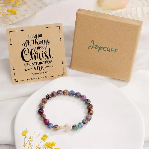 Vista 6 de JoycuFF Christian Gifts,Cross Braceletfor WomenGirls, Faith Easter Catholic Religious Christian Jewelry, Meaningful Baptism Communion Natural Beads