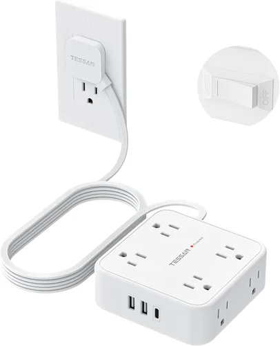 Vista 14 de TESSAN - Tira de alimentación con protector de sobretensiones, cable de extensión plano de 5 pies con 8 salidas de CA, 3 puertos USB (1 USB C), Gris