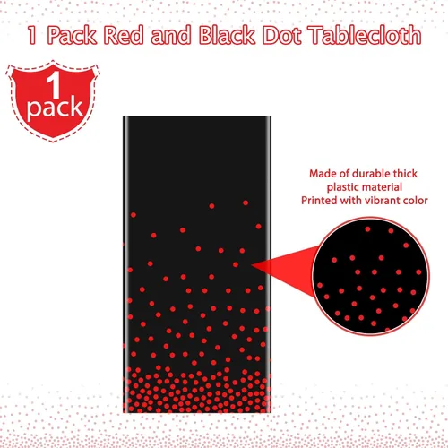 Vista 4 de Paquete de 1 mantel de plástico con puntos rojos y negros, mantel desechable de plástico rectangular de plástico con estampado de puntos rojos