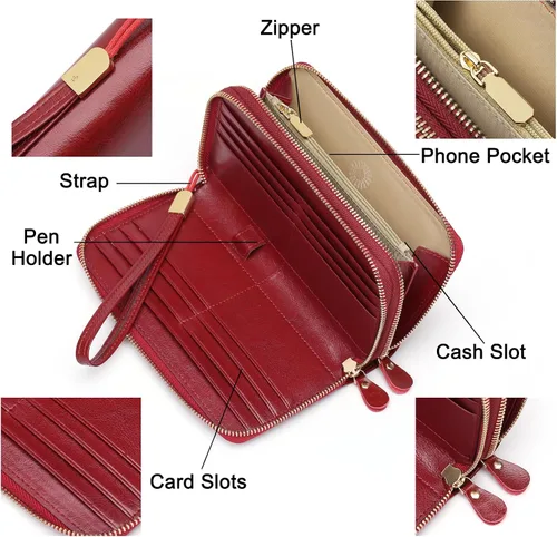 Vista 3 de SENDEFN Carteras de cuero para mujer, bloqueo RFID, doble cremallera alrededor del tarjetero de crédito, gran capacidad, 1-cera-vino tinto, Moderno