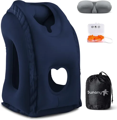 Vista 9 de Sunany Almohada de viaje, almohada inflable para el cuello utilizada para aviones/coches/autobuses/trenes/siesta de oficina con máscara de Negro