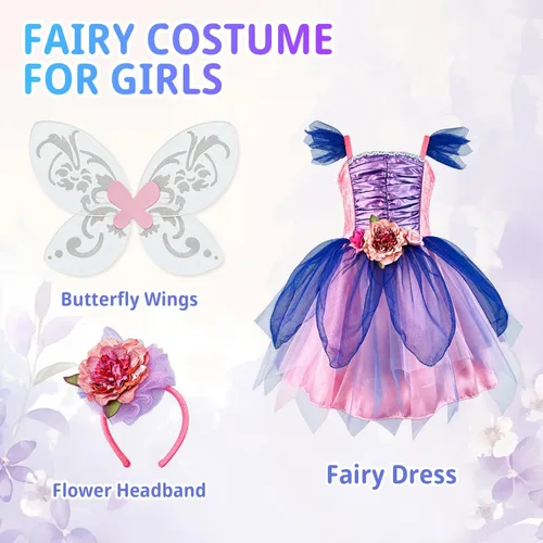 Vista 3 de DJDLPARTY Vestido de disfraz de hada para niñas, vestido verde de princesa, vestido de tutú con diadema y alas Azul