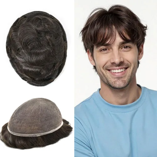 Vista 128 de PUNRU HAIR Completo Swiss Lace Toupee para hombres Sistema de cabello humano real Sistema de reemplazo de cabello humano para hombre Toupee