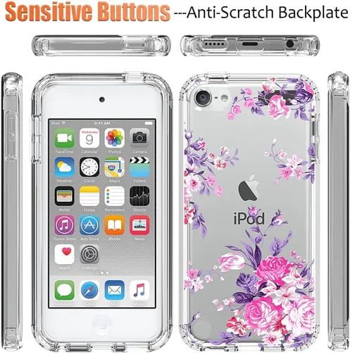 Vista 5 de Funda para iPod Touch 6/Touch 5/Touch 7 con protector de pantalla de vidrio templado, diseño floral a prueba de golpes, cubierta protectora