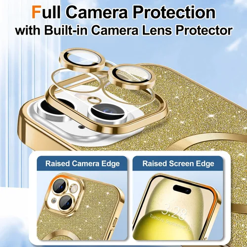 Vista 27 de Hython para iPhone 15 Plus Funda con chispas brillantes, Fundas transparentes magnéticas con protector de lente de cámara [Compatible con MagSafe]