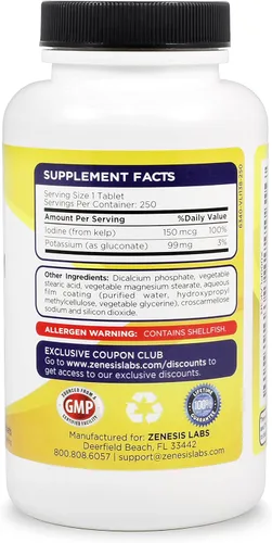 Vista 3 de Suplemento de apoyo con gluconato de potasio con yodo Kelp, de 250 comprimidos, 0,003 oz por tableta con 0,000005 oz de yodo, para la presión
