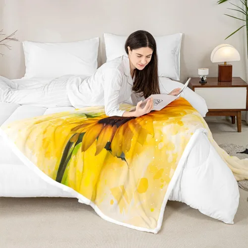 Vista 4 de Yellow Sunflowers Flannel Fleece Throw Blanket 40"x50" Country Rustic Floral Fuzzy Blanket for Sofa Couch Oil Painting All Season Bed Blankets Plush