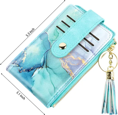 Vista 5 de Cartera delgada para mujer, con bloqueo RFID, de cuero, con múltiples tarjetas, con borla, bolsillo para monedas, Verde (Green Marble)
