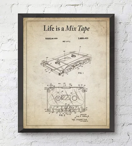 Vista 4 de Impresiones artísticas de pared de música retro con eslóganes, juego de 4, sin marco, 8 pistas vintage, casete de cinta, registro, regalo de patente