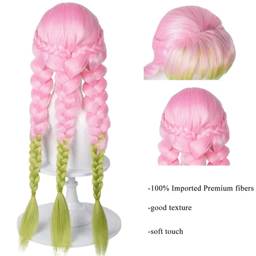 Vista 5 de Peluca SL para disfraz de cosplay Mitsuri, DS verde y rosa, con gorro