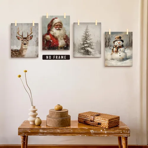 Vista 6 de LKETW Póster vintage de impresiones navideñas de invierno sin marco, juego de 4 unidades de 8x10 pulgadas, decoración de pared rústica de Papá Noel