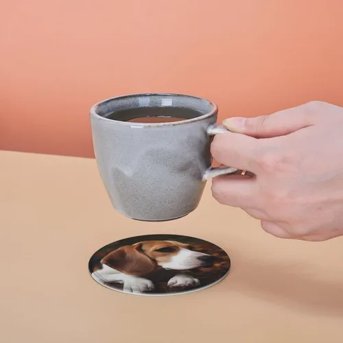 Vista 6 de Juego de 6 posavasos redondos de Beagle con soporte para bebidas, protector de mesa, almohadilla para el hogar y la cocina, juego de posavasos