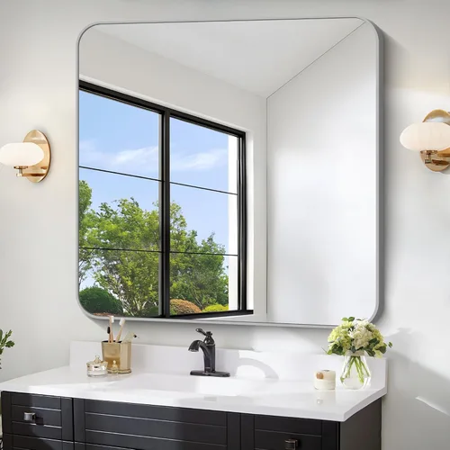 Vista 29 de FORBATH - Espejo de baño negro para sobre lavabo, espejo de pared de 16x24 pulgadas con marco de metal, esquinas redondeadas para baño, dormitorio