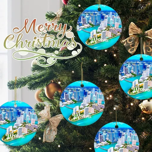 Vista 7 de America Miami Cityscape - Adorno de Navidad de cerámica con dos caras impreso, 3 pulgadas, divertido círculo de cerámica de Navidad para Año Nuevo