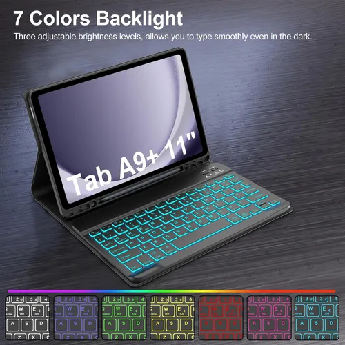 Vista 4 de Funda para Galaxy Tab A9 Plus con teclado de 11 pulgadas, retroiluminación de 7 colores, teclado Bluetooth inalámbrico desmontable, funda
