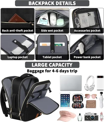 Vista 4 de Mochila de viaje para mujeres y hombres, mochila de transporte de 17.3 x 13.4 x 7.9 pulgadas, aprobada por la TSA, resistente al agua, mochilas