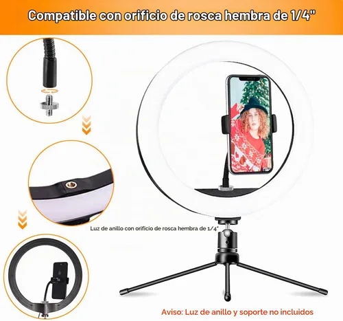 Vista 5 de Soporte universal para teléfono con anillo de luz con adaptador de 1/4 y zapata caliente, soporte de teléfono flexible para anillo de luz y trípode