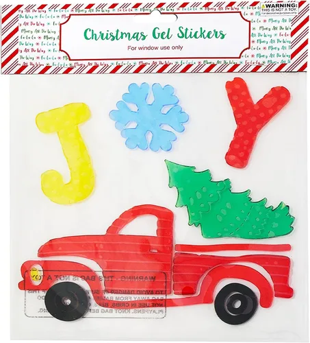 Vista 6 de 8 hojas de gel de Navidad para ventana, diseño de HO, Scooter con regalos, pingüino, gnomo, alegría, árbol de Navidad, Santa Sliegh, Feliz Navidad.
