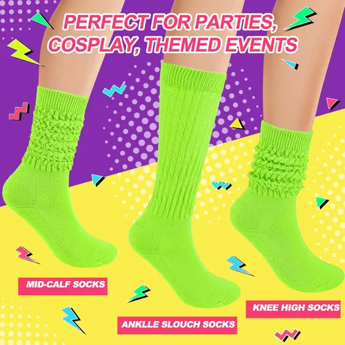 Vista 2 de Calcetines holgados de neón para mujer, calcetines altos hasta la rodilla de los años 80 y 90 con aretes de neón y coleteros para fiesta de los años