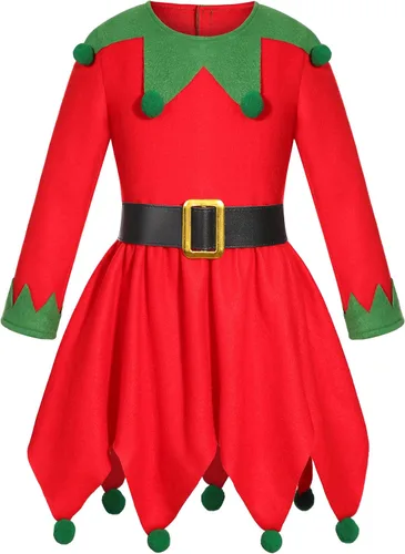Vista 6 de Disfraz de elfo de Navidad para niñas, disfraz de ayudante de Papá Noel con sombrero de elfo, medias de Navidad