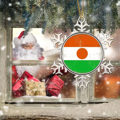 Vista 6 de Níger - Adorno de Navidad con copo de nieve de metal, regalo patriótico de recuerdo para árbol de Navidad, adornos colgantes de bandera nacional