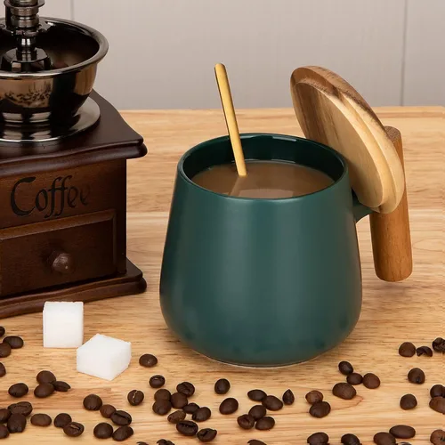 Vista 4 de Taza de café de cerámica, taza de té para la oficina y el hogar, taza de café de 14 onzas con tapa y cuchara, día del padre, regalos de cumpleaños