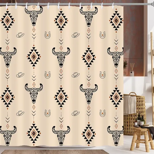 Vista 13 de Cortina de ducha de calavera de toro occidental estilo boho con cuernos de vaca, calavera de cactus bohemia en negro y dorado con ganchos, cortina