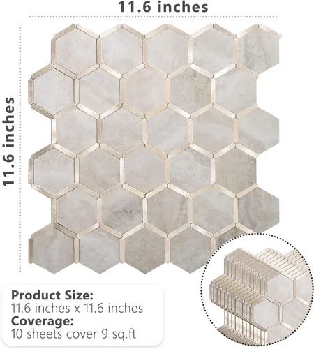 Vista 6 de STICKGOO Azulejo Hexagonal de Despegar y Pegar para Salpicadero, Azulejo Adhesivo para Salpicadero de Cocina y Baño, Aspecto de Mármol Beige PVC