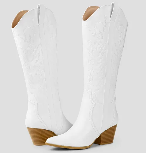 Vista 8 de Arromic Botas vaqueras para mujer, cómodas, bordadas, vaquera occidental, hasta la rodilla, puntera puntiaguda, cremallera, tacón grueso, traje