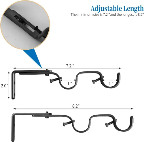 Vista 4 de Soportes de barra de cortina resistentes, soportes ajustables para doble barra, 1 pulgada (2 piezas, negro)