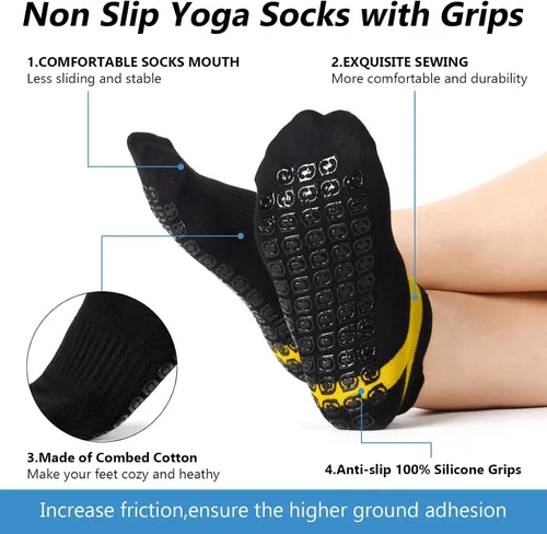 Vista 3 de Jspupifip 4 pares de calcetines antideslizantes de agarre de pilates, calcetines de yoga antideslizantes, calcetines de fútbol de algodón con cojín
