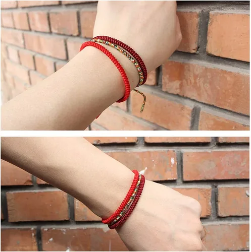 Vista 7 de Pulsera de cuerda roja de la suerte china para hombres y mujeres, oración budista tibetana, hecha a mano, cuerda de oración de yoga, pulsera