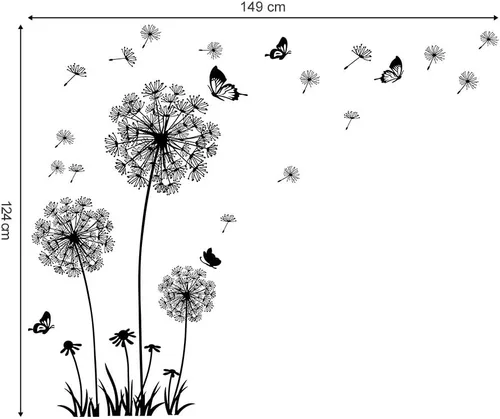 Vista 4 de decalmile Calcomanías de pared de diente de león, flores voladoras, mariposas, calcomanías de pared de diente de león, decoración de sala de estar