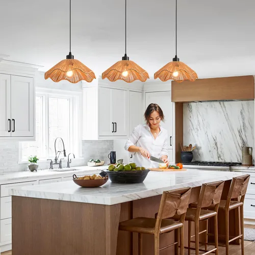 Vista 2 de 3 Pack Brown Woven Pendant Light Fixtures,11.81" Rattan Pendant Lights Farmhouse Basket Light Fixture Adjustable Boho Hanging Lamp for Kitchen