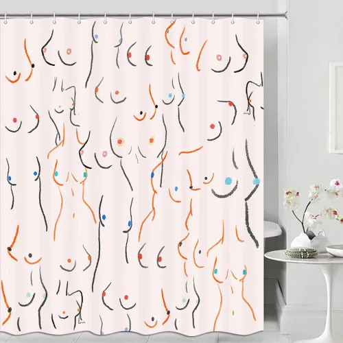Vista 3 de JAWO Divertida cortina de ducha para baño, diseño de pechos divertidos, cuerpo femenino, divertido juego de cortinas de ducha de tela artística