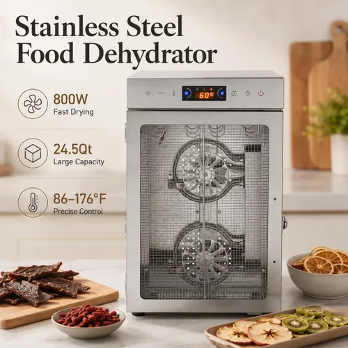 Vista 2 de Deshidratador de alimentos de acero inoxidable, gabinete de secado de caja Biltong de 800 W, capacidad de 24.5 cuartos de galón, temperatura