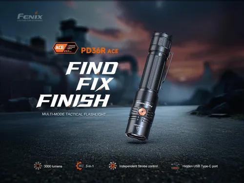 Vista 2 de Fenix PD36R ACE 3000 lúmenes linterna táctica recargable, USB-C con doble interruptor, niveles de brillo personalizables, luz estroboscópica SOS