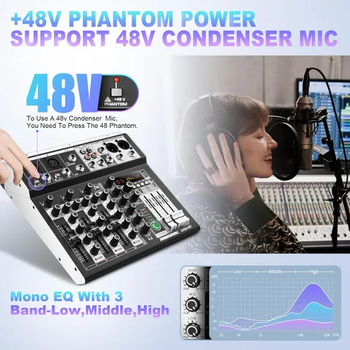 Vista 5 de Interfaz de audio de 4 canales, mezclador de DJ, tablero de sonido, efecto DSP de 16 bits, efectos de mezclador de audio USB, +48 V Phantom