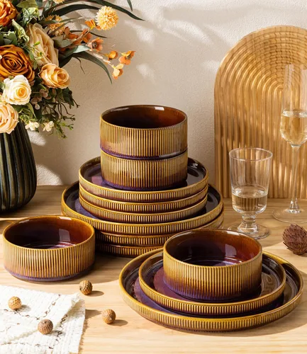 Vista 4 de TheTerra Juego de vajilla de cerámica para 4, juego de 12 platos y cuencos ligeros de porcelana, resistente a los arañazos, apto para horno