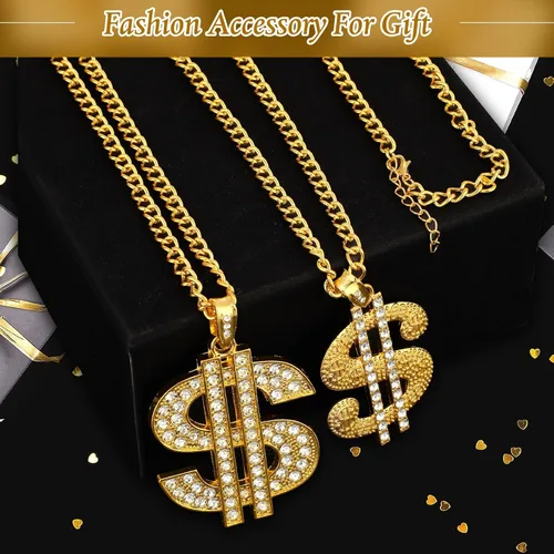 Vista 2 de Tatuo 2 piezas de cadena chapada para hombre con colgante de signo de dólar, collar de dólar hip hop