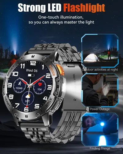 Vista 4 de Relojes inteligentes militares para hombre con llamada Bluetooth, reloj inteligente AMOLED impermeable de 1.43 pulgadas con linterna, 111 modos