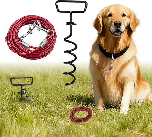 Vista 9 de Cable de amarre y estaca para perros de 20 pies, resistente para patio, correa de gancho con bloqueo, cable giratorio de 360° para perros medianos