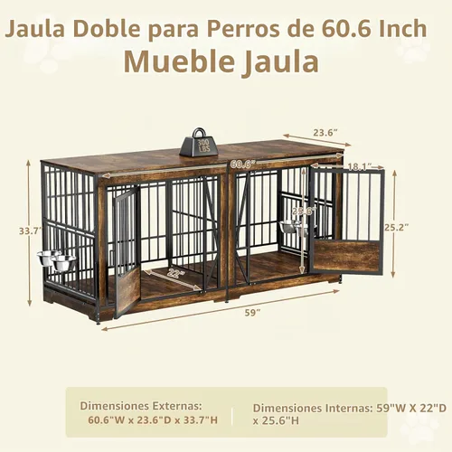 Vista 3 de Jaula doble para perros de 61'', mueble para 2 perros, soporte de TV con jaula para perros con divisor ajustable, mueble de jaula doble para perros