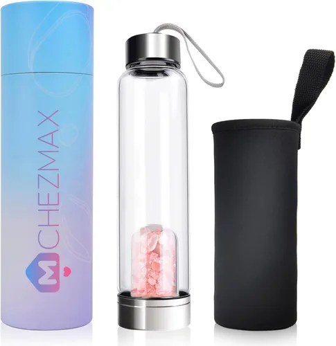 Vista 24 de ChezMax Botella de agua en cristal con centro de cristal natural intercambiable 18.6Oz, Natural Quartz Gemstone, Juice Container with Lid Sleeve